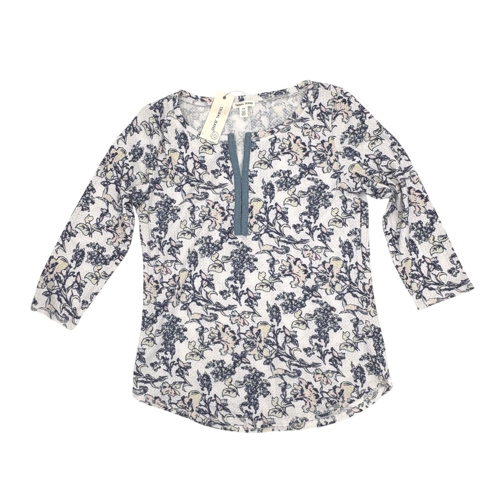 NEW Tribal Jeans Waffle Knit Top Floral Print Top Celery Women's Size Small